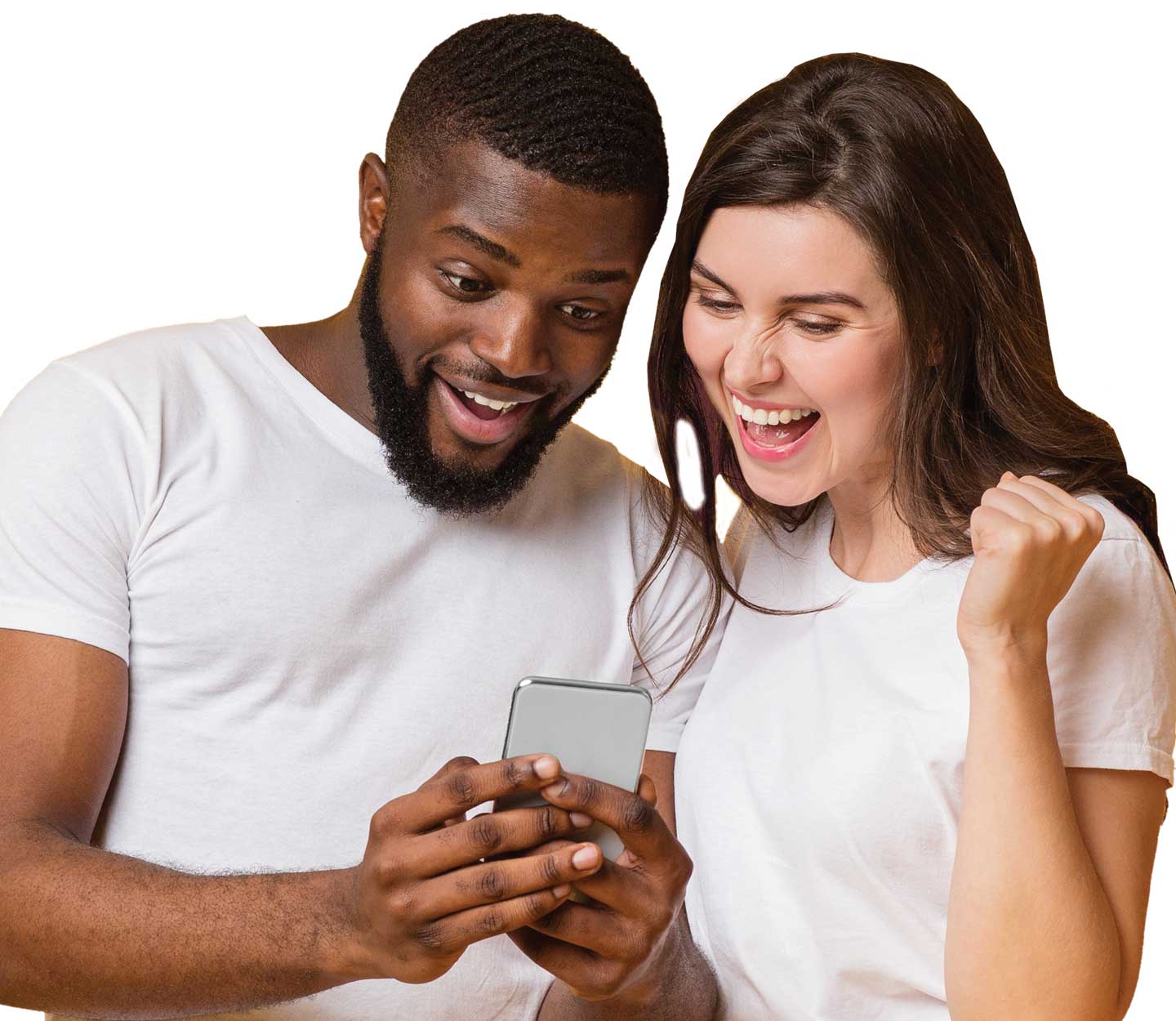 SuperSuds Refer a Friend Program. Two happy friends are looking at a cell phone.