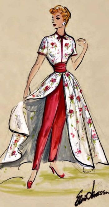 skirt over pants hostess gown worn by Lucille Ball in the 1950s