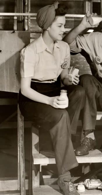 Skirt over pants on a factory woman in the 1940s