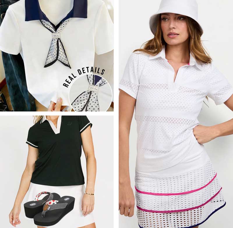 Polo Shirt Trends crochet, thong heels, polka dot scarf